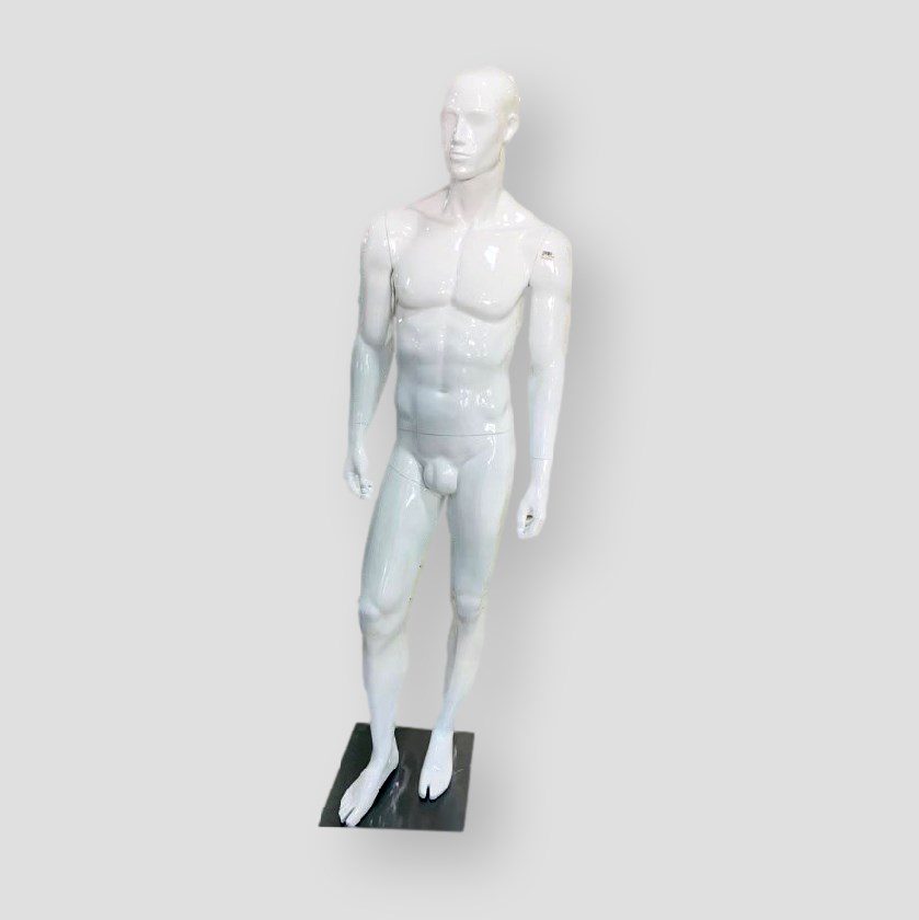 Maniquí hombre de fibra bicolor brillo y pose casual, 185X40X40CM